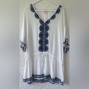 Stella & Dot White/Navy Swim Cover Embroidered Lace Shirt, Tie Waist; size M